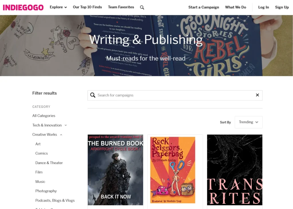 A screenshot of the Indiegogo Writing & Publishing category