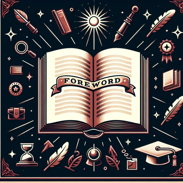 An open book with "Foreword" written on a ribbon across its pages, surrounded by various academic and writing icons, including quills, books, a graduation cap, and a sun symbol.