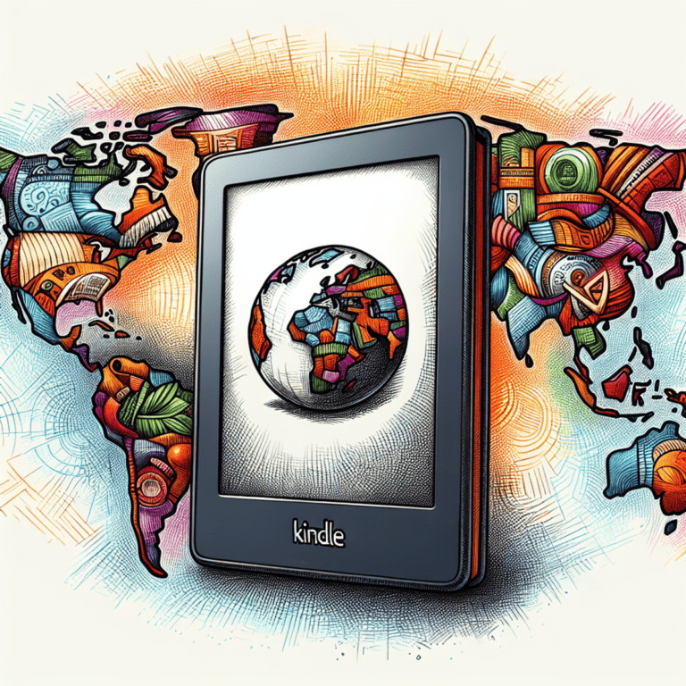 A vibrant book cover featuring a Kindle e-reader surrounded by a highly detailed and colorful world map, symbolizing the global reach of digital publi