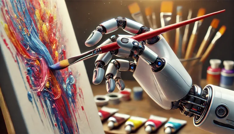 A robotic hand holding a paintbrush creates colorful art on a canvas, with paint tubes and brushes in the background.