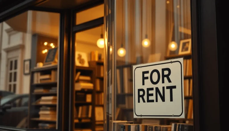 A storefront window displays a "For Rent" sign. Inside, shelves filled with books are visible under warm lighting.