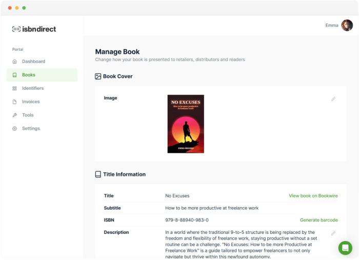 Screenshot of the Manage Book page of the ISBNdirect dashboard