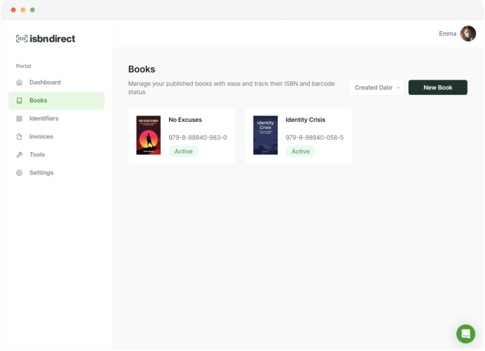 Screenshot of the Books page of the ISBNdirect dashboard.