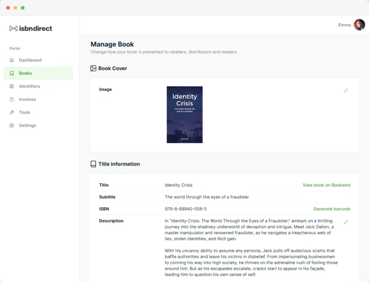 A screen shot of the Book page of the ISBNdirect portal.