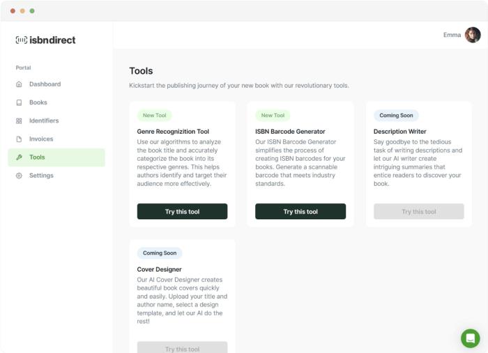 Screenshot of the Tools page of the ISBNdirect dashboard